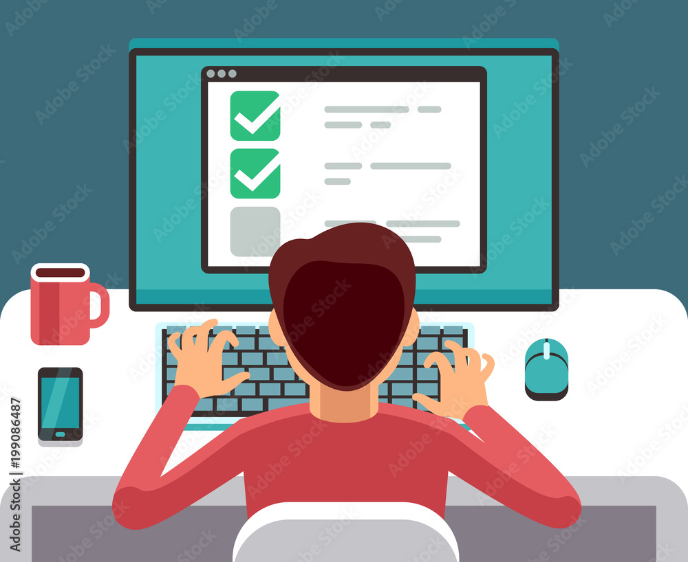 Poster man at computer filling online questionnaire form. survey vector flat concept