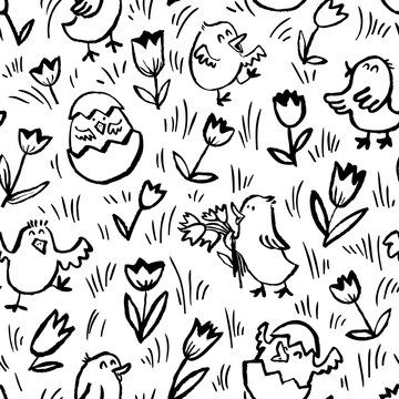 Easter background with chickens. Floral spring seamless pattern with Easter chick in egg and tulips.
