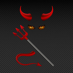 Devil horns, harpoon, satanic yellow eyes and tail isolated vector photobooth props for hell party