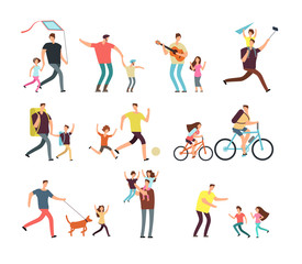 Daddy playing with happy children. Fatherhood and fathers day related people cartoon characters vector isolated