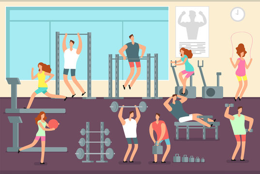 Woman and man doing various sports exercises in gym. Fitness indoor workout vector concept