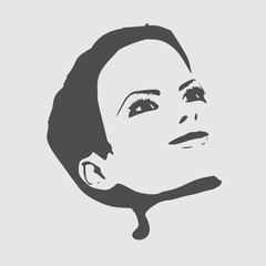 Face half turn view. Elegant silhouette of a female head. Portrait of a happy smiled woman