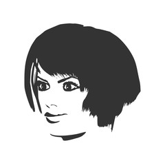 Face half turn view. Elegant silhouette of a female head. Portrait of a happy smiled woman