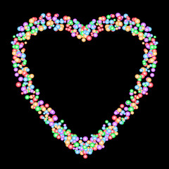 Heart shape pattern formed by colorful bubbles in various sizes isolated on black background. Vector illustration. Useful as backdrop, or image montage. Love, romance, valentine's, or wedding concepts
