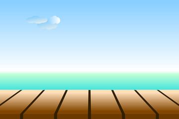 Empty bench top over background of turquoise sea with sky, clouds, and the horizon line. Useful as backdrop, image montage for display products, or design key visual layout. Vector illustration, EPS10