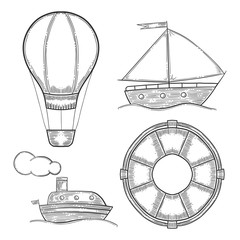 Vacation set, air balloon or aerostat and ship, sail vessel and lifebuoy, active recreation. Hand drawn vector in engraving and sketch style. Isolated on white background