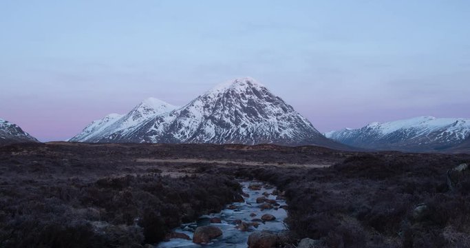 Time lapse clip of sunrise changing color of Buchaille Etive Mor in Glencoe, Scottish highland.
