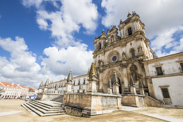 Main facade of the Alcobaca Monastery (Mosteiro de Santa Maria) in Portugal, in gothic and baroque architecture. A World Heritage Site since 1997