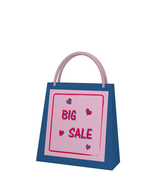 blaue Einkaufstasche mit lila Sale Etikett auf weiß isoliert. 3d render