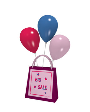 lila Einkaufstasche mit lila Sale Etikett und bunten Luftballons auf weiß isoliert. 3d render