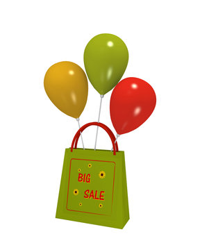 grüne Einkaufstasche mit Sale Etikett und bunten Luftballons auf weiß isoliert. 3d render