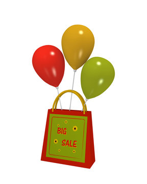Einkaufstasche mit Sale Etikett und bunten Luftballons auf weiß isoliert. 3d render