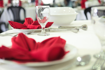 Table set for an event party or wedding reception. Wedding Decorations. Selective focus.