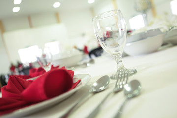 Table set for an event party or wedding reception. Wedding Decorations. Selective focus.