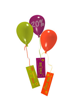 Luftballons mit Sale 20% Werbung auf weiß isoliert. 3d render