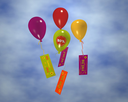 bunte Luftballons mit Rabatt-Aufkleber 50% an denen Werbung hängt, im Wolkenhimmel. 3d render