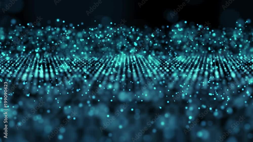 Poster background blue particle movement. pattern glow particles on black background. motion abstract point