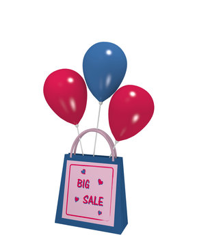 blaue Einkaufstasche mit lila Sale Etikett und bunten Luftballons auf weiß isoliert. 3d render