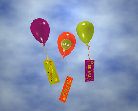 Luftballons mit Sale-Aufkleber an denen Werbung hängt, im Wolkenhimmel. 3d render
