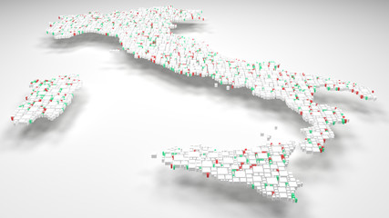 3D Map of Italy - Europe | 3d Rendering, mosaic of little bricks - White and flag colors