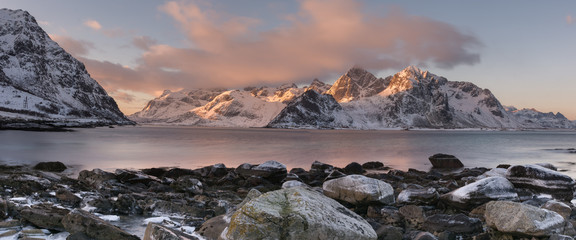 cold sunrise over fjord, lofoten, norway