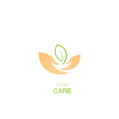 Nature care concept with hands and leaf logo, vector design element
