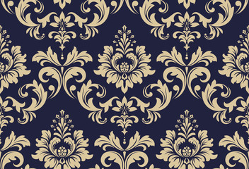 Wallpaper in the style of Baroque. A seamless vector background. Black and gold floral ornament. Graphic vector pattern - obrazy, fototapety, plakaty