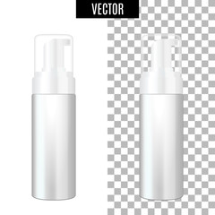 3d white realistic cosmetic package icon empty tubes on transparent background vector illustration. Realistic white plastic bottle for cream liquid soap with a pump.