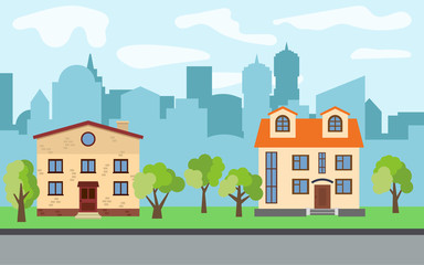 Vector city with two two-story cartoon houses and green trees in the sunny day. Summer urban landscape. Street view with cityscape on a background 