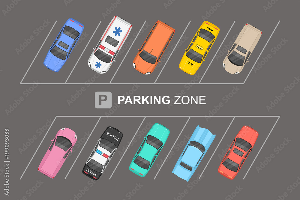 Wall mural top view of different cars city parking. parking zone