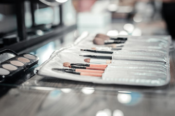 Brush set. Close up of makeup brushes lying on the table being ready for usage