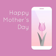 Happy mother's day modern design with tulip and white smartphone in flat design on purple background.