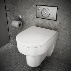 Fototapeta premium Modern toilet inside restroom covered with gray stones. 3D illustration