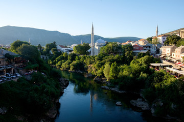 Fototapeta na wymiar mostar city view, medieval, mosques, river