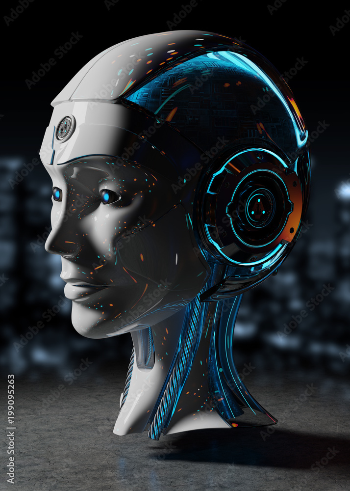 Poster cyborg head artificial intelligence 3d rendering
