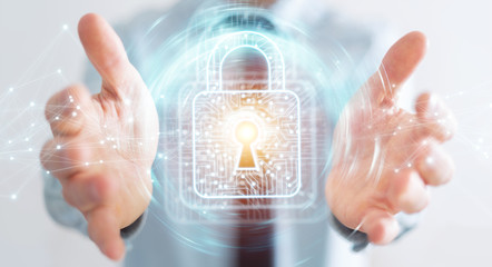 Businessman using digital padlock with data protection 3D rendering