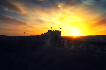 Epic sunset over medieval fortress Ovech near Provadia, Bulgaria.