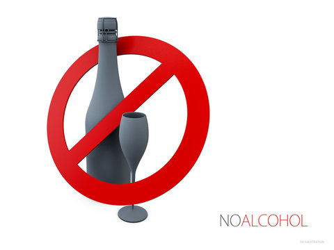 3d Illustration of sign no alcohol, isolated white