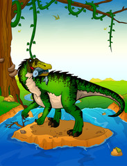 Baryonyx on the background of a waterfall.