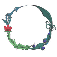 Fototapeta na wymiar Circle frame from ornamental leaves and flower green, red and blue color. 