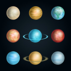 Realistic 3d Detailed Solar System Planet Set. Vector
