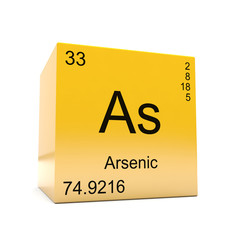 Arsenic chemical element symbol from the periodic table displayed on glossy yellow cube