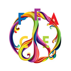 Hippie peace symbol with liquid shapes and sliced text. Peace and love. Colorful  design concept for banner,  t-shirt, print, poster. Vector illustration 