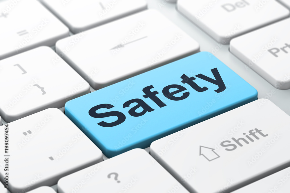 Aufkleber safety concept: computer keyboard with word safety, selected focus on enter button background, 3d re