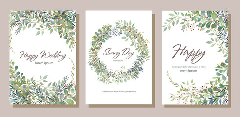 Set of card with beautiful twigs with leaves. Wedding ornament concept. Imitation of watercolor, isolated on white. 
Sketched wreath, floral and herbs garland