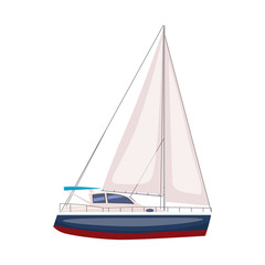 Sailing boat floating on water surface. Vector color illustration. Isolated. Cartoon style