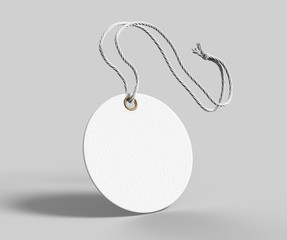 Blank tag tied with string. Price tag, gift tag, sale tag, address label isolated on grey background. 3d render illustration