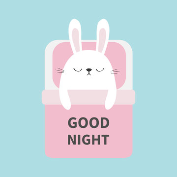 Sleeping rabbit bunny. Baby pet animal collection for kids. Cute cartoon character. Funny head face. Bed, pink blanket pillow. Good night. Blue pastel background. Isolated. Flat design.