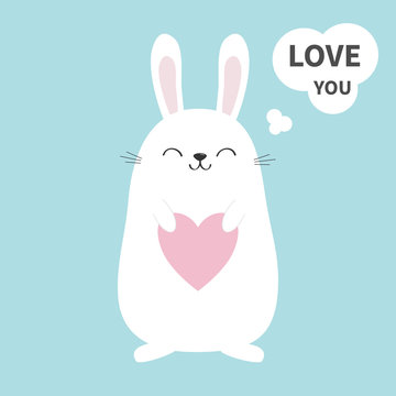 White bunny rabbit holding heart. Talking thinking bubble. Love you sticker. Funny head face. Cute kawaii cartoon character. Baby greeting card. Easter symbol. Blue background. Flat design.