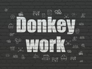 Business concept: Painted white text Donkey Work on Black Brick wall background with  Hand Drawn Business Icons
